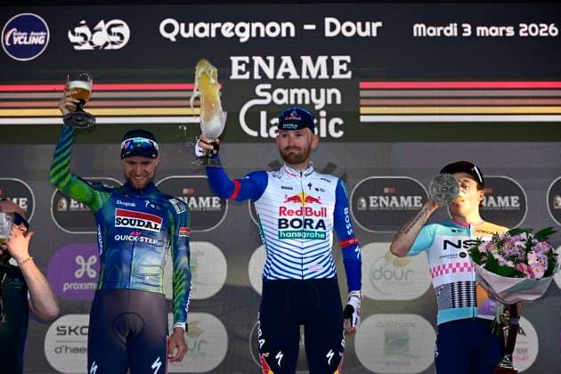 Ename Grand Prix Le Samyn 2026 Cycling Race DOUR, BELGIUM - MARCH 03 : Rex Laurenz (BEL) of Soudal Quick-Step, Meeus Jordi (BEL) of Red Bull - BORA - Hansgrohe and Hofstetter Hugo (FRA) of NSN Cycling Team pictured during the podium ceremony of the 58th edition of Ename Grand Prix Le Samyn an UCI Class 1.1 one day cycling road race for Men Elite of km with start in Quaregnon and finish in Dour on March 3, 2026 in Dour, Belgium, 03 03 2026 ( Motordriver Kenny Verfaillie - Dour Belgium  Copyright: xJanxDexMeuleneirx