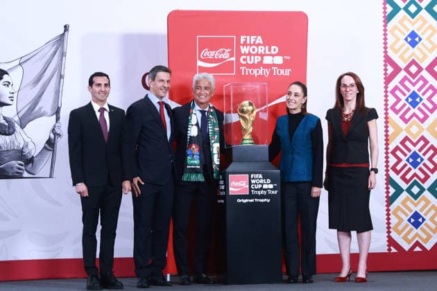 The FIFA World Cup, WM, Weltmeisterschaft, Fussball Trophy at Claudia Sheinbaum s press conference, PK, Pressekonferenz in Mexico MEXICO CITY, MEXICO - MARCH 03: The FIFA World Cup Trophy is displayed after a press conference by the Mexican President Claudia Sheinbaum, at the National Palace, in Mexico City, Mexico on March 03, 2026. The FIFA World Cup Trophy continues its journey through Mexico as part of the official Trophy Tour. Daniel Cardenas Anadolu Mexico City Mexico. Editorial use only. Please get in touch for any other usage.  Copyright: x2026xAnadoluxDanielxCardenasx