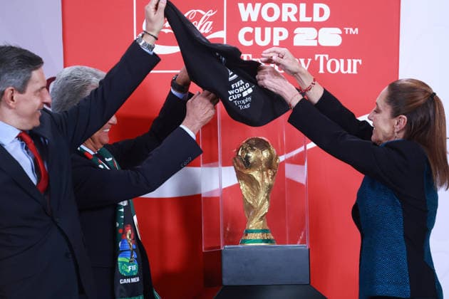 The FIFA World Cup, WM, Weltmeisterschaft, Fussball Trophy at Claudia Sheinbaum s press conference, PK, Pressekonferenz in Mexico MEXICO CITY, MEXICO - MARCH 03: The FIFA World Cup Trophy is displayed after a press conference by the Mexican President Claudia Sheinbaum, at the National Palace, in Mexico City, Mexico on March 03, 2026. The FIFA World Cup Trophy continues its journey through Mexico as part of the official Trophy Tour. Daniel Cardenas Anadolu Mexico City Mexico. Editorial use only. Please get in touch for any other usage.  Copyright: x2026xAnadoluxDanielxCardenasx