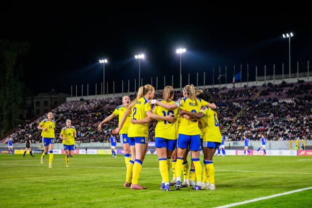 260303 Filippa Angeldahl of Sweden celebrate with teammates after 0-1 during the Women s FIFA World Cup, WM, Weltmeisterschaft, Fussball Qualifier football match between between Italy and Sweden on March 3, 2026 in Reggio Calabria. Photo: Ludvig Thunman BILDBYRAN kod LT LT0780 fotboll football soccer fotball vm-kval kval fifa womens world cup qualifier qualifier italien italy sverige sweden dam bbeng jubel Copyright: LUDVIGxTHUNMAN BB260303LT060