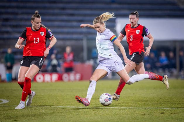 AUSTRIA - NORWAY WOMEN Virginia Kirchberger, Claudia Wenger of Austria and Ada Hegerberg of Norway during the league phase of 2027 FIFA Women s World Cup European Qualifiers League A football match between Austria and Norway. BSFZ Arena, Vienna, Austria, March 03, 2026. Photo by Branislav Racko Copyright: xx 080A0626