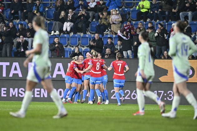 Czech players celebrate a goal during the European qualifying round group B1 for 2027 Women s Football World Championship, WM, Weltmeisterschaft match Czech Republic vs Wales on 3 March 2026 in Uherske Hradiste, Czech Republic. (CTKxPhoto DaliborxGluck) CTKPhotoP2026030307662  CTKPhotoP2026030307662