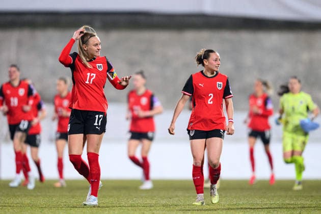 260303 Sarah Puntigam and Chiara Anna D™Angelo of Austria during the FIFA Women s World Cup Qualifier football match between Austria and Norway on March 3, 2026 in Vienna. Photo: Marius Simensen BILDBYRAN COP 238 MM0059 bbeng dam vm-kval vm-kvalifisering kvinner vm-kvalik football fotball fotboll landskamp soccer FIFA World Cup, WM, Weltmeisterschaft, Fussball qualifier norge norway austria osterrike Copyright: MARIUSxSIMENSEN BB260303BB225