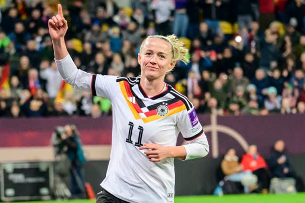 In the picture, from left: celebreting the goal, joy, jubilation, cheering, Lea Schueller (Germany), scorer, hit, goal, 5:0, GER, Dresden, World Cup Qualification, Women, Germany vs Slovenia, at Rudolf-Harbig Stadium Dresden, League A, Group A4, soccer, DFB, league phase, match day 1, DFB DFL REGULATIONS PROHIBIT ANY USE OF PHOTOGRAPHS AS IMAGE SEQUENCES AND OR QUASI-VIDEO, March 3, 2026 Copyright: HMBxMedia UwexKoch