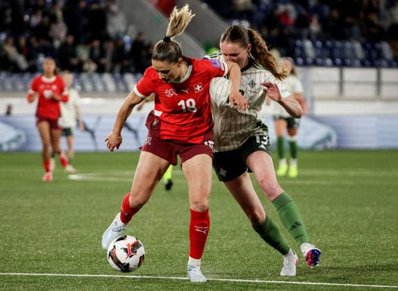 2027 FIFA Women s World Cup Qualifier Group F, Stade de la Tuiliere, Lausanne, Switzerland 3 3 2026 Switzerland vs Northern Ireland Switzerland s Viola Calligaris with Northern Ireland™s Leyla McFarland Viola Calligaris with Leyla McFarland 3 3 2026  Copyright: x INPHO Presseye WilliamxCherryx Switzerland v N Ireland_056