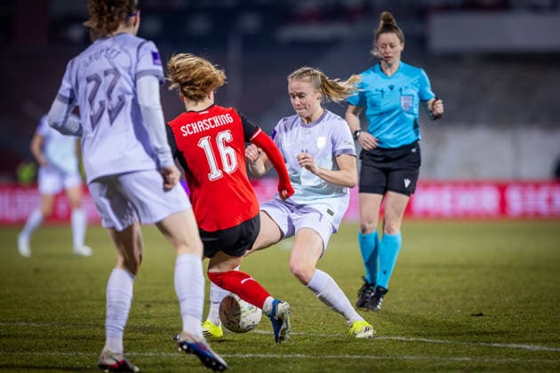 AUSTRIA - NORWAY WOMEN Annabel Schasching of Austria and Julie Blakstad of Norway during the league phase of 2027 FIFA Women s World Cup European Qualifiers League A football match between Austria and Norway. BSFZ Arena, Vienna, Austria, March 03, 2026. Photo by Branislav Racko Copyright: xx 080A0924