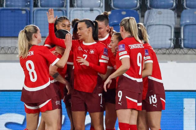 Torjubel Schweiz beim 1:0 durch Riola Xhemaili (Schweiz, 07) , Schweiz, Fussball, UEFA WM-Qualifikation Frauen, Gruppe B 2, Schweiz vs. Nordirland, 03.03.2026, Lausanne Stade de la Tuiliere Schweiz Copyright: xGrantxHubbsx