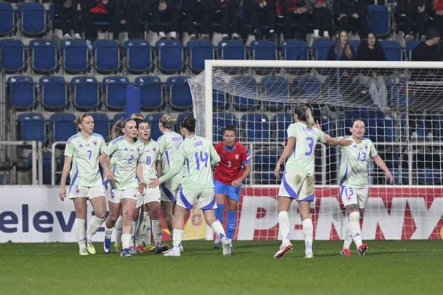 Wales players celebrate a goal during the European qualifying round group B1 for 2027 Women s Football World Championship, WM, Weltmeisterschaft match Czech Republic vs Wales on 3 March 2026 in Uherske Hradiste, Czech Republic. (CTKxPhoto DaliborxGluck) CTKPhotoP2026030307811  CTKPhotoP2026030307811