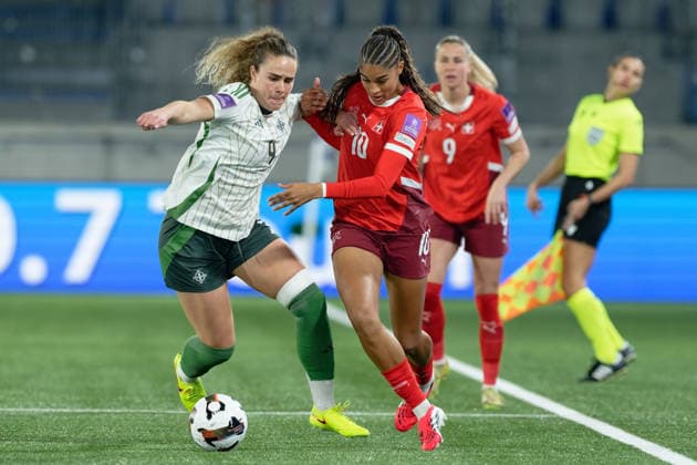 Lausanne, Switzerland - March 03 : Sydney Schertenleib of Switzerland Brenna McPartlan of Northern Ireland battle for the ball (duel) during the FIFA Women s World Cup 2027 Qualifiers match between Switzerland and Northern Ireland at Stade de la Tuiliere on March 03 , 2026 in Lausanne, Switzerland. (Photo by Giuseppe Velletri SPP) Copyright: xGiuseppexVelletrix xSPPx Sportspressphoto_SPR100612