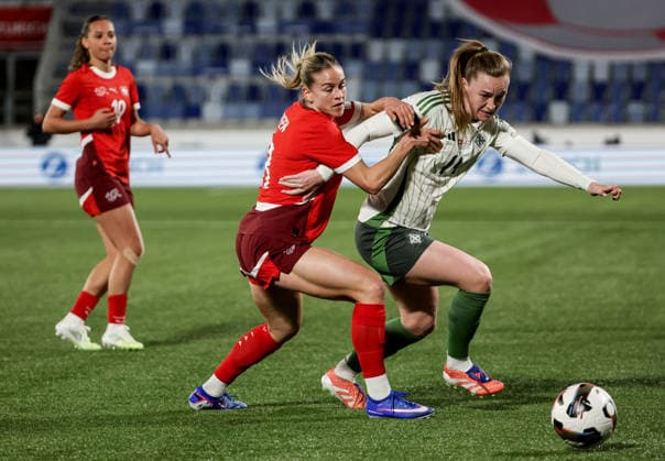 2027 FIFA Women s World Cup Qualifier Group F, Stade de la Tuiliere, Lausanne, Switzerland 3 3 2026 Switzerland vs Northern Ireland Switzerland s Nadine Riesen tackles Northern Ireland™s Lauren Wade Nadine Riesen tackles Lauren Wade 3 3 2026  Copyright: x INPHO Presseye WilliamxCherryx Switzerland v N Ireland_065