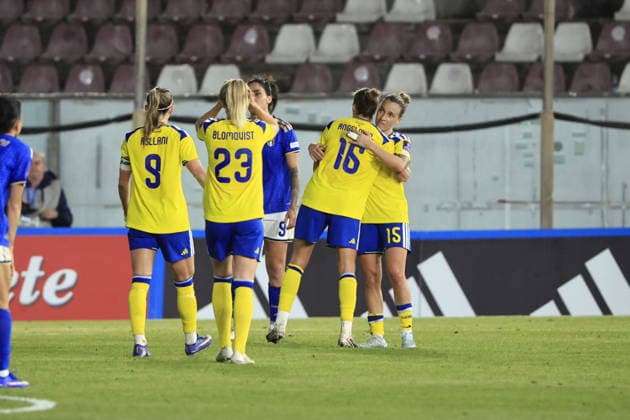 REGGIO CALABRIA, ITALIEN 20260303 Sverige jublar vid slutsignal och seger (0-1) i VM-kvalmatchen mellan Italien och Sverige pa Stadio Oreste Granillo i Reggio Calabria.