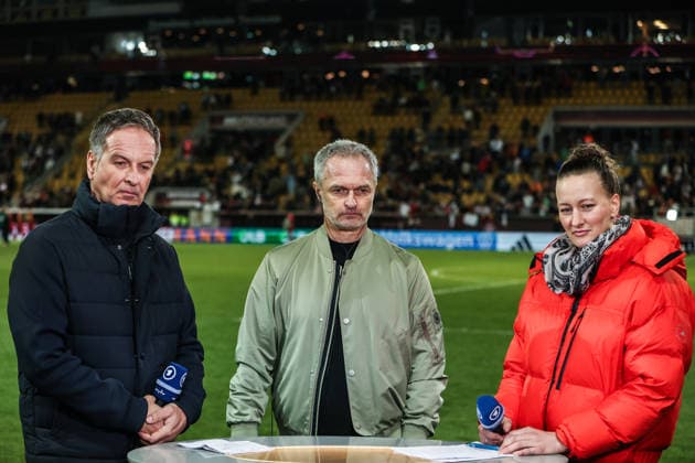 Fussball, WM-Qualifikation Europa (Frauen) Saison 2026 Liga A Gruppe 4 - 1.Spieltag Deutschland - Slowenien 03.03.2026, Rudolf-Harbig-Stadion Dresden Claus Rufen (ARD), Christian Wück (Trainer Deutschland), Almuth Schult (Expertin ARD) Dresden Rudolf-Harbig-Stadion Sachsen Deutschland