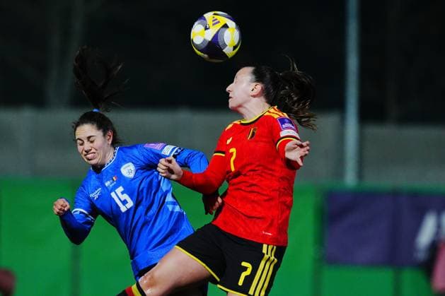 Hannah Eurlings of Belgium in action during a game between Belgium s national women s soccer team the Red Flames and Israel, qualifying game 1 6 for the 2027 FIFA Women s World Cup, on Tuesday 03 March 2026, in Budaors, Hungary. ISTVAN DERENCSENYI IstvanxDerencsenyi  x166370979x