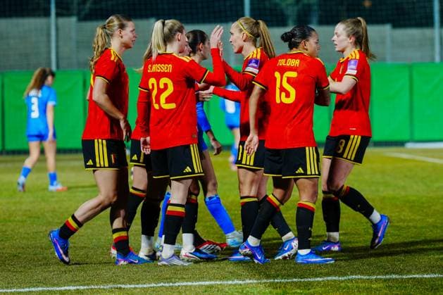 Players of Belgium celebrate after scoring during a game between Belgium s national women s soccer team the Red Flames and Israel, qualifying game 1 6 for the 2027 FIFA Women s World Cup, on Tuesday 03 March 2026, in Budaors, Hungary. ISTVAN DERENCSENYI IstvanxDerencsenyi  x166371014x