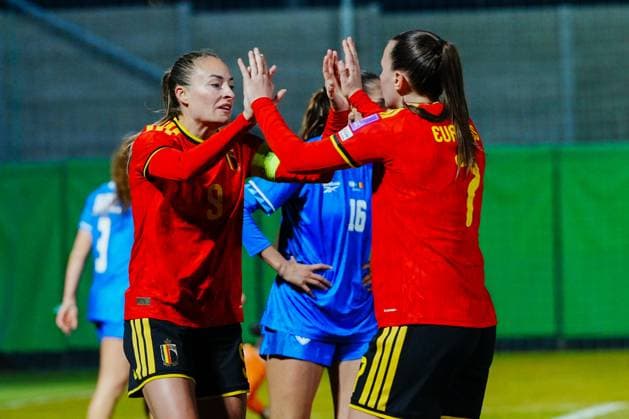 Tessa Wullaert and Hannah Eurlings of Belgium celebrates after scoring the opening goal during a game between Belgium s national women s soccer team the Red Flames and Israel, qualifying game 1 6 for the 2027 FIFA Women s World Cup, on Tuesday 03 March 2026, in Budaors, Hungary. ISTVAN DERENCSENYI IstvanxDerencsenyi  x166371185x