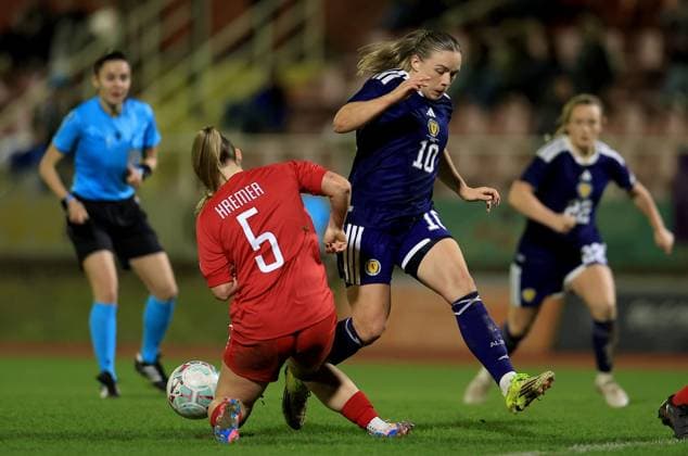 Kirsty Hanson of Scotland in action against Emma Kremer of Luxembourg Luxembourg Women v Scotland Women, 2027 FIFA Women s World Cup Qualifiers, Group D, Football, Stade mile Mayrisch, Luxembourg - 03 Mar 2026 Stade mile Mayrisch Luxembourg EDITORIAL USE ONLY No use with unauthorised audio, video, data, fixture lists, club league logos or live services. Online in-match use limited to 120 images, no video emulation. No use in betting, games or single club league player publications. Copyright: xGeorgexTewkesbury Shutterstockx 16719926ar