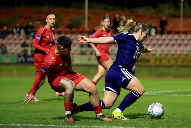 Andreia Machado of Luxembourg in action against Kirsty Hanson of Scotland Luxembourg Women v Scotland Women, 2027 FIFA Women s World Cup Qualifiers, Group D, Football, Stade mile Mayrisch, Luxembourg - 03 Mar 2026 Stade mile Mayrisch Luxembourg EDITORIAL USE ONLY No use with unauthorised audio, video, data, fixture lists, club league logos or live services. Online in-match use limited to 120 images, no video emulation. No use in betting, games or single club league player publications. Copyright: xGeorgexTewkesbury Shutterstockx 16719926ao