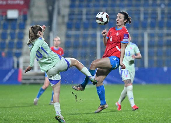 Carrie Jones of Wales, left, and Eva Bartonova of Czech Republic in action during the European qualifying round group B1 for 2027 Women s Football World Championship, WM, Weltmeisterschaft match Czech Republic vs Wales on 3 March 2026 in Uherske Hradiste, Czech Republic. (CTKxPhoto DaliborxGluck) CTKPhotoP2026030308490  CTKPhotoP2026030308490