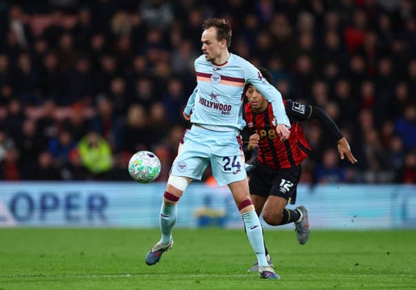 Bournemouth, England, 3rd March 2026. Mikkel Damsgaard of Brentford with the ball ahead of Tyler Adams of Bournemouth during the AFC Bournemouth vs Brentford Premier League match at the Vitality Stadium, Bournemouth. Picture credit should read: Paul Terry Sportimage EDITORIAL USE ONLY. No use with unauthorised audio, video, data, fixture lists, club league logos or live services. Online in-match use limited to 120 images, no video emulation. No use in betting, games or single club league player publications. SPI_011_PT_Bournemouth_Brentford SPI-4572-0011