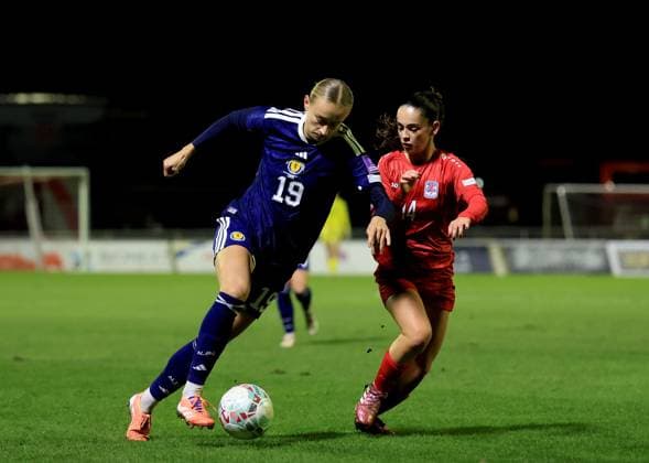 Lauren Davidson of Scotland in action against Olivia Konsbruck of Luxembourg Luxembourg Women v Scotland Women, 2027 FIFA Women s World Cup Qualifiers, Group D, Football, Stade mile Mayrisch, Luxembourg - 03 Mar 2026 Stade mile Mayrisch Luxembourg EDITORIAL USE ONLY No use with unauthorised audio, video, data, fixture lists, club league logos or live services. Online in-match use limited to 120 images, no video emulation. No use in betting, games or single club league player publications. Copyright: xGeorgexTewkesbury Shutterstockx 16719926ax
