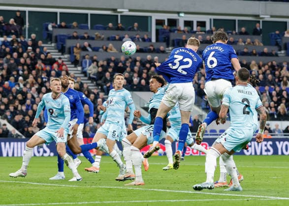 Liverpool, England, 3rd March 2026. James Tarkowski of Everton scores their sides first goal during the Everton vs Burnley Premier League match at Hill Dickinson Stadium, Liverpool. Picture credit should read: Cody Froggatt Sportimage EDITORIAL USE ONLY. No use with unauthorised audio, video, data, fixture lists, club league logos or live services. Online in-match use limited to 120 images, no video emulation. No use in betting, games or single club league player publications. SPI_010_CF_EVERTON_V_BURNLEY SPI-4573-0010