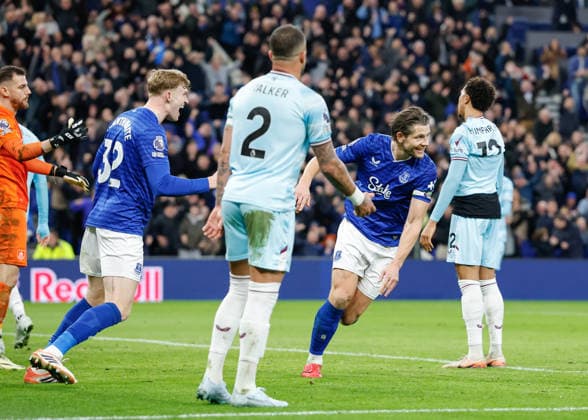 Liverpool, England, 3rd March 2026. James Tarkowski of Everton celebrates scoring their sides first goal during the Everton vs Burnley Premier League match at Hill Dickinson Stadium, Liverpool. Picture credit should read: Cody Froggatt Sportimage EDITORIAL USE ONLY. No use with unauthorised audio, video, data, fixture lists, club league logos or live services. Online in-match use limited to 120 images, no video emulation. No use in betting, games or single club league player publications. SPI_013_CF_EVERTON_V_BURNLEY SPI-4573-0011