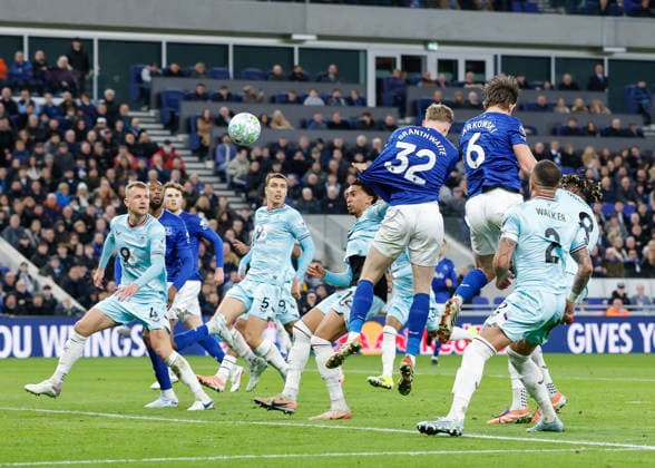 Liverpool, England, 3rd March 2026. James Tarkowski of Everton scores their sides first goal during the Everton vs Burnley Premier League match at Hill Dickinson Stadium, Liverpool. Picture credit should read: Cody Froggatt Sportimage EDITORIAL USE ONLY. No use with unauthorised audio, video, data, fixture lists, club league logos or live services. Online in-match use limited to 120 images, no video emulation. No use in betting, games or single club league player publications. SPI_011_CF_EVERTON_V_BURNLEY SPI-4573-0014