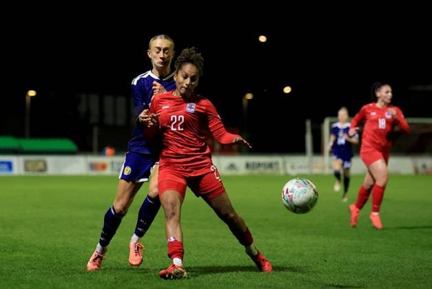 Lauren Davidson of Scotland in action against Kimberley Dos santos of Luxembourg Luxembourg Women v Scotland Women, 2027 FIFA Women s World Cup Qualifiers, Group D, Football, Stade mile Mayrisch, Luxembourg - 03 Mar 2026 Stade mile Mayrisch Luxembourg EDITORIAL USE ONLY No use with unauthorised audio, video, data, fixture lists, club league logos or live services. Online in-match use limited to 120 images, no video emulation. No use in betting, games or single club league player publications. Copyright: xGeorgexTewkesbury Shutterstockx 16719926bb