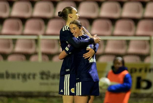 Kathleen McGovern of Scotland (right) celebrates scoring their side s fifth goal of the game Luxembourg Women v Scotland Women, 2027 FIFA Women s World Cup Qualifiers, Group D, Football, Stade mile Mayrisch, Luxembourg - 03 Mar 2026 Stade mile Mayrisch Luxembourg EDITORIAL USE ONLY No use with unauthorised audio, video, data, fixture lists, club league logos or live services. Online in-match use limited to 120 images, no video emulation. No use in betting, games or single club league player publications. Copyright: xGeorgexTewkesbury Shutterstockx 16719926bc