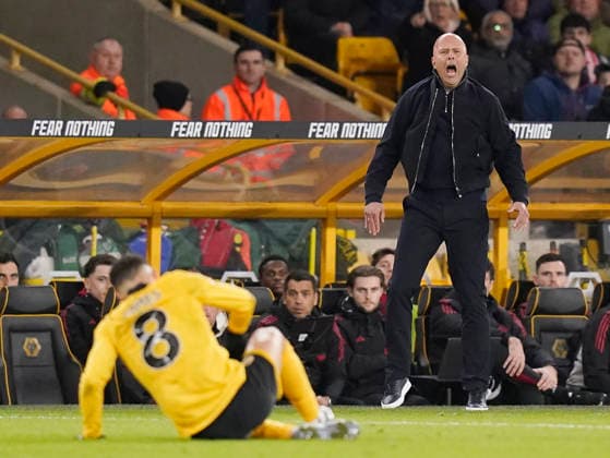 Wolverhampton, England, 3rd March 2026. Arne Slot manager of Liverpool rages as Joao Gomes of Wolverhampton Wanderers goes down following a foul during the Wolverhampton Wanderers vs Liverpool Premier League match at Molineux, Wolverhampton. Picture credit should read: Andrew Yates Sportimage EDITORIAL USE ONLY. No use with unauthorised audio, video, data, fixture lists, club league logos or live services. Online in-match use limited to 120 images, no video emulation. No use in betting, games or single club league player publications. SPI_045_AY_Wolves_Liverpool SPI-4574-0042