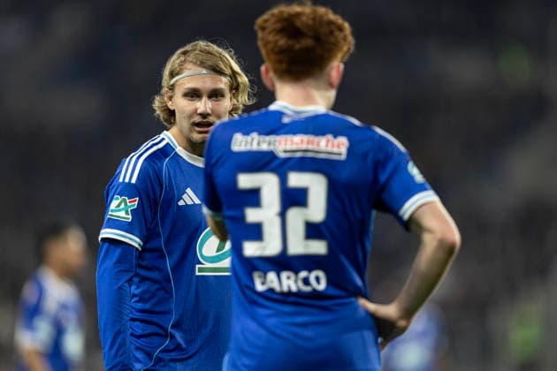 FOOTBALL : Racing Strasbourg (RCS) vs Reims - Coupe de France - Strasbourg - 03 03 26 Sebastian Nanasi 11 (RCS) et Valentin Barco 32 (RCS)  Copyright: xelyxandroxcegarrax
