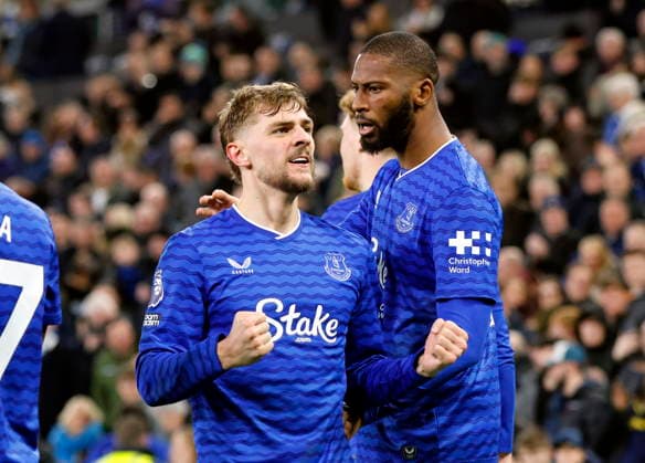 Football - 2025 2026 Premier League - Everton vs Burnley - Hill Dickinson Stadium - Tuesday 3rd March 2026 Kiernan Dewsbury-Hall of Everton celebrates with Beto after scoring to put Everton 2-0 ahead in the second half, at Hill Dickinson Stadium. 