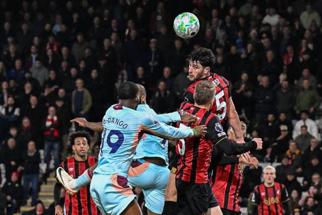 Bournemouth v Brentford Premier League Marcos Senesi of Bournemouth heads clear during the Premier League match at the Vitality Stadium, Bournemouth 03 03 2026 UK Newspapers OUT Copyright: xJeremyxLandeyx FIL-23072-0040