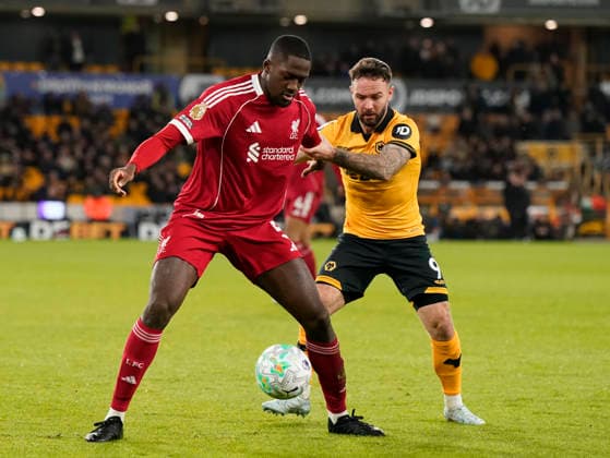 Wolverhampton, England, 3rd March 2026. Ibrahima Konate of Liverpool tussles with Adam Armstrong of Wolverhampton Wanderers during the Wolverhampton Wanderers vs Liverpool Premier League match at Molineux, Wolverhampton. Picture credit should read: Andrew Yates Sportimage EDITORIAL USE ONLY. No use with unauthorised audio, video, data, fixture lists, club league logos or live services. Online in-match use limited to 120 images, no video emulation. No use in betting, games or single club league player publications. SPI_053_AY_Wolves_Liverpool SPI-4574-0049