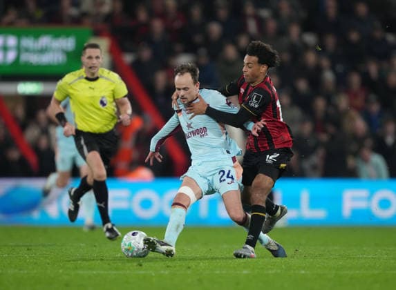Bournemouth v Brentford, Premier League, Football, Vitality Stadium, Bournemouth, UK - 03 Mar 2026 Mikkel Damsgaard of Brentford held back by Tyler Adams of Bournemouth. Bournemouth Vitality Stadium Bournemouth UK, UK NEWSPAPERS OUT Copyright: xSeanxRyanx