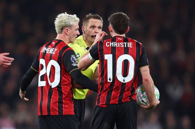 Bournemouth, England, 3rd March 2026. Ãlex JimÃ nez of Bournemouth and Ryan Christie of Bournemouth appeal to referee Craig Pawson during the AFC Bournemouth vs Brentford Premier League match at the Vitality Stadium, Bournemouth. Picture credit should read: Paul Terry Sportimage EDITORIAL USE ONLY. No use with unauthorised audio, video, data, fixture lists, club league logos or live services. Online in-match use limited to 120 images, no video emulation. No use in betting, games or single club league player publications. SPI_027_PT_Bournemouth_Brentford SPI-4572-0027