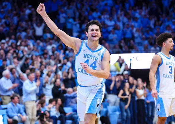 March 3, 2026: North Carolina guard Luka Bogavac (44) celebrates after hitting 3 point shot in second half. NCAA, College League, USA basketball game between Clemson University and University of North Carolina at Dean Smith Center, Chapel Hill, North Carolina. CSM Chapel Hill United States of America - ZUMAc04_ 20260303_zma_c04_012 Copyright: xDavidxBeachx