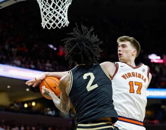 NCAA, College League, USA Basketball 2026: Wake Forest Vs UVA MAR 03 March 03, 2026: Virginia Cavaliers Center 17 Johann Grunloh blocks the ball with his forearm against Wake Forest Demon Deacons Guard 2 Jake Harris during a NCAA Men s Basketball game between the Wake Forest Demon Deacons and the University of Virginia Cavaliers at John Paul Jones Arena in Charlottesville, VA. Justin Cooper CSM (Credit Image: Â Justin Cooper Cal Media) Charlottesville Virginia United States of America EDITORIAL USE ONLY Copyright: xx ZUMA-20260303_zma_c04_029.jpg JustinxCooperx csmphotothree477212