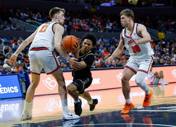 NCAA, College League, USA Basketball 2026: Wake Forest Vs UVA MAR 03 March 03, 2026: Wake Forest Demon Deacons Guard 10 Sebastian Akins trips over Virginia Cavaliers Center 17 Johann Grunlohs foot during a NCAA Men s Basketball game between the Wake Forest Demon Deacons and the University of Virginia Cavaliers at John Paul Jones Arena in Charlottesville, VA. Justin Cooper CSM (Credit Image: Â Justin Cooper Cal Media) Charlottesville Virginia United States of America EDITORIAL USE ONLY Copyright: xx ZUMA-20260303_zma_c04_026.jpg JustinxCooperx csmphotothree477215
