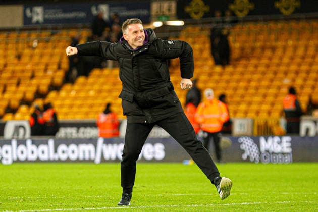 WOLVERHAMPTON, ENGLAND - March 03: Wolves manager Rob Edwards celebrates at full time of the Premier League football match between Wolverhampton Wanderers and Liverpool at Molineux stadium on March 03, 2026 in Wolverhampton, England. (Photo by Natalie Mincher Sports Press Photo) Copyright: xNataliexMincher SPPx Sportspressphoto_SPR101172
