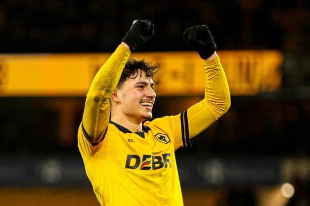 WOLVERHAMPTON, ENGLAND - March 03: Rodrigo Gomes of Wolves celebrates at full time of the Premier League football match between Wolverhampton Wanderers and Liverpool at Molineux stadium on March 03, 2026 in Wolverhampton, England. (Photo by Natalie Mincher Sports Press Photo) Copyright: xNataliexMincher SPPx Sportspressphoto_SPR101182