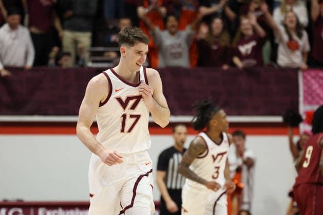 March 3, 2026: Virginia Tech Hokies guard Neoklis Avdalas (17) celebrates a made three-point basket during the NCAA, College League, USA Mens Basketball game between Boston College Eagles and Virginia Tech Hokies at Cassell Coliseum in Blacksburg, Virginia. CSM Blacksburg USA - ZUMAc04_ 20260303_zma_c04_054 Copyright: xGregxAtkinsx