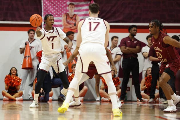 March 3, 2026: Virginia Tech Hokies forward Tobi Lawal (1) passes to guard Neoklis Avdalas (17) during the NCAA, College League, USA Mens Basketball game between Boston College Eagles and Virginia Tech Hokies at Cassell Coliseum in Blacksburg, Virginia. CSM Blacksburg USA - ZUMAc04_ 20260303_zma_c04_055 Copyright: xGregxAtkinsx