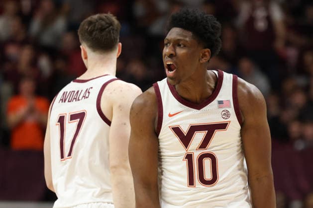 March 3, 2026: Virginia Tech Hokies guard Tyler Johnson (10) celebrates a made three-point basket during the NCAA, College League, USA Mens Basketball game between Boston College Eagles and Virginia Tech Hokies at Cassell Coliseum in Blacksburg, Virginia. CSM Blacksburg USA - ZUMAc04_ 20260303_zma_c04_061 Copyright: xGregxAtkinsx