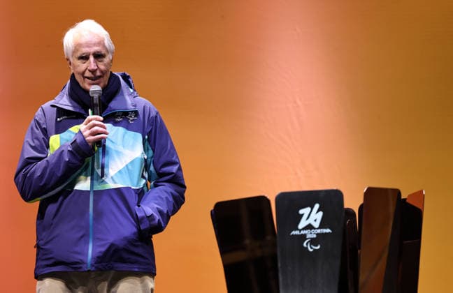 (260304) -- CORTINA D AMPEZZO, March 4, 2026 -- Giovanni Malago, president of the Milan-Cortina 2026 organizing committee, delivers a speech during the Milan-Cortina 2026 Paralympic Winter games, Winterspiele,Spiele, Summer games Torch Relay and Flame Unifying Ceremony in Cortina D Ampezzo, Italy, March 3, 2026. ) (SP)ITALY-CORTINA D AMPEZZO-PARALYMPIC WINTER GAMES-FLAME UNIFYING CEREMONY WangxKaiyan 