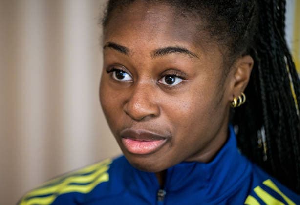 260304 Monica Jusu Bah during a mixed zone with the national women s football team of Sweden on March 4, 2026 in Reggio Calabria. Photo: Ludvig Thunman BILDBYRAN kod LT LT0781 fotboll football soccer fotball vm-kval kval fifa womens world cup qualifier qualifier mixed zone sverige sweden dam bbeng sverige sweden Copyright: LUDVIGxTHUNMAN BB260304LT019