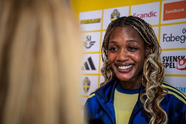260304 Evelyn Ijeh during a mixed zone with the national women s football team of Sweden on March 4, 2026 in Reggio Calabria. Photo: Ludvig Thunman BILDBYRAN kod LT LT0781 fotboll football soccer fotball vm-kval kval fifa womens world cup qualifier qualifier mixed zone sverige sweden dam bbeng sverige sweden Copyright: LUDVIGxTHUNMAN BB260304LT021