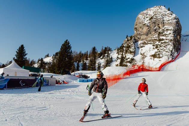 PARALYMPICS - Winter Paralympics Milano Cortina 2026 CORTINA D AMPEZZO,ITALY,04.MAR.26 - PARALYMPICS - Paralympic Winter games, Winterspiele,Spiele, Summer games Milano Cortina 2026, preview, paraski, downhill, training. Image shows guide Nico Haberl and Johannes Aigner (AUT).  GEPAxpictures xMaticxKlansek