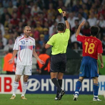 Jun 27, 2006; Hannover, Germany; FIFA World Cup, WM, Weltmeisterschaft, Fussball 2006 : Zinedine Zidane of France receives a yellow card from referee Roberto Rosetti from Italy. Mandatory Credit: Photo by Matthew Ashton ZUMA Press. ( ) Copyright 2006 by Matthew Ashton Hannover Germany Copyright: xMatthewxAshtonx