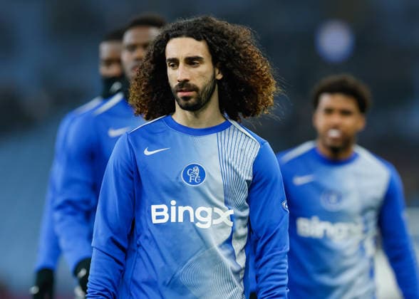 Birmingham, England, 4th March 2026. Marc Cucurella of Chelsea warms up ahead of the Aston Villa vs Chelsea Premier League match at Villa Park, Birmingham. Picture credit should read: Cody Froggatt Sportimage EDITORIAL USE ONLY. No use with unauthorised audio, video, data, fixture lists, club league logos or live services. Online in-match use limited to 120 images, no video emulation. No use in betting, games or single club league player publications. SPI_014_CF_ASTON_VILLA_V_CHELSEA SPI-4577-0014